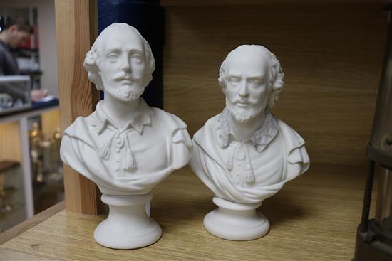 A Copeland Parian ware bust of William Shakespeare (lace collar a.f.), H 20cm and another similar bust